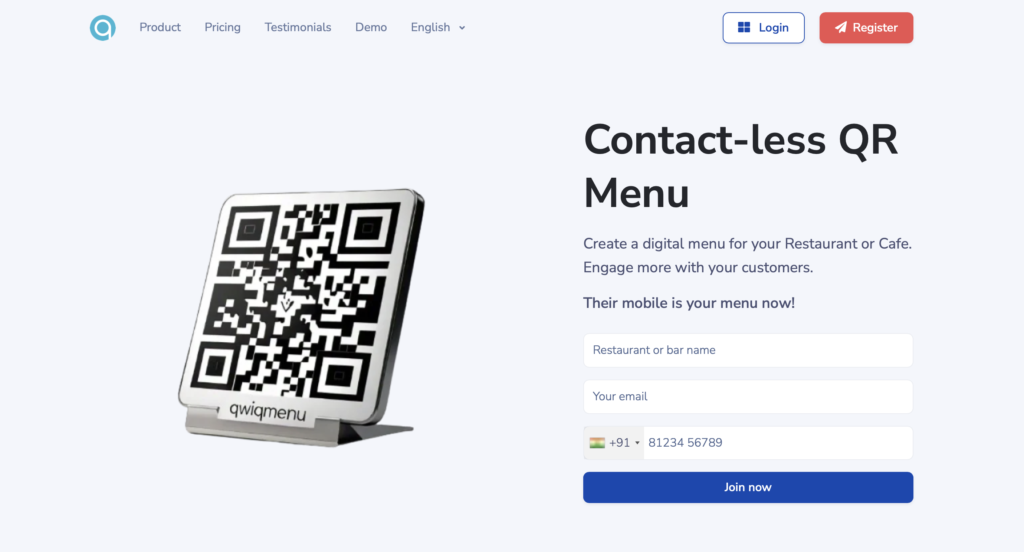 Contact-less QR Menu Create a digital menu for your Restaurant or Cafe. Engage more with your customers.